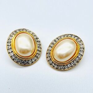 Vintage Clip Earrings Faux Pearl Rhinestone Clobochon‎ Halo Earings